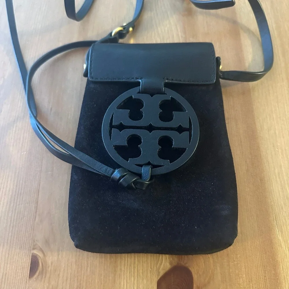 Tory Burch Miller Black Suede Leather Phone Crossbody Bag Purse Messenger
